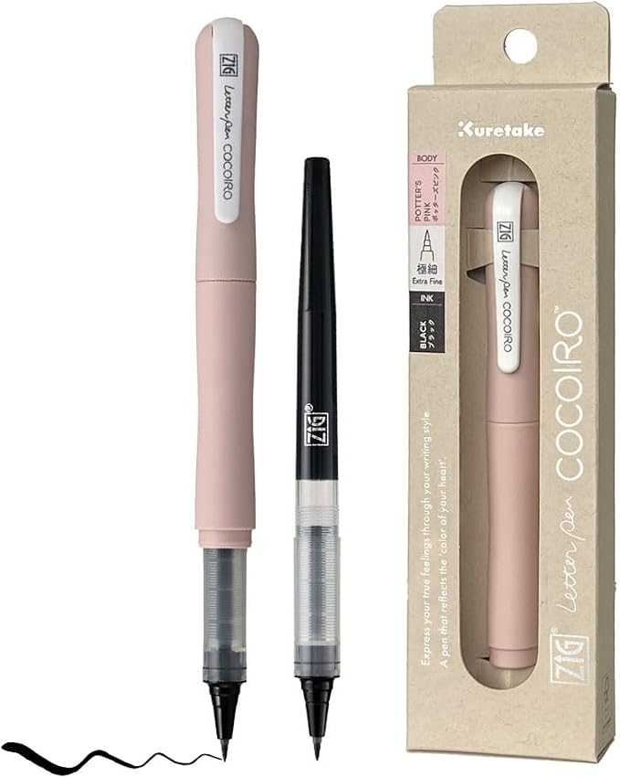Kuretake ZIG Letter Pen COCOIRO, Body with Black Ink Refill Set, Flexible Extra Fine Brush Tip, Refillable marking Pen for Calligraphy, Hand Lettering, Made in Japan (POTTER'S PINK, Black)