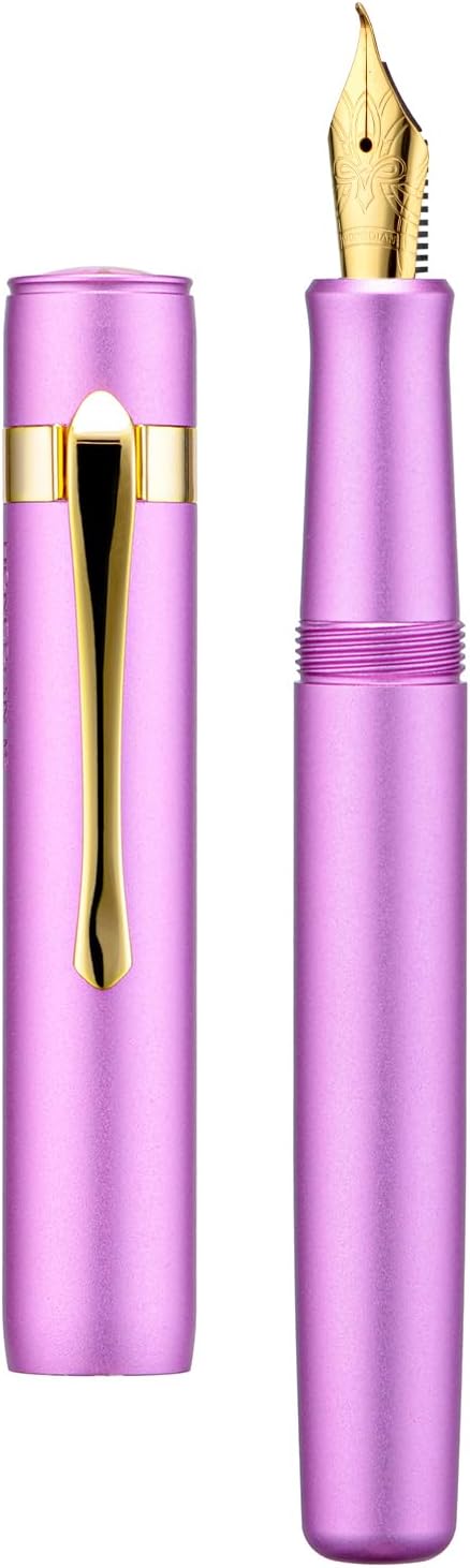 HONG DIAN M2 Mini Fountain Pen with Bent Nib, Sleek Shape Aluminium Short Pocket Travel Pen (Lilac Purple)