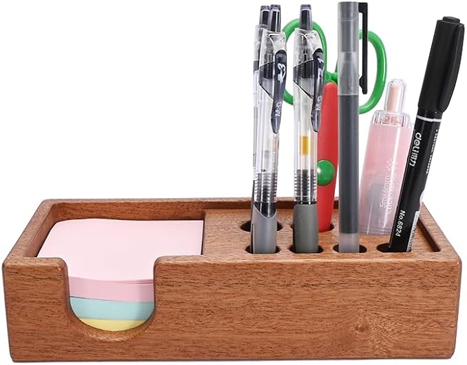 Wood Pencil Holder Pen Display Stand 3x3 Inch Sticky Note Holder | Elegant Post It Note Holder Notepad Dispenser Desk Organizer with Pen Slot for Sticky Notes, Pens, Scissors and Small Tool