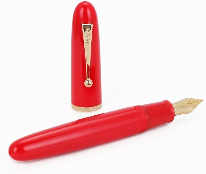 Jinhao 9019 DaDao Series Fountain Pen, Size 8 Fine Heartbeat Nib with Large Ink Converter, Bright Red Acrylic Design Smooth Writing Pen (Gold Trim)