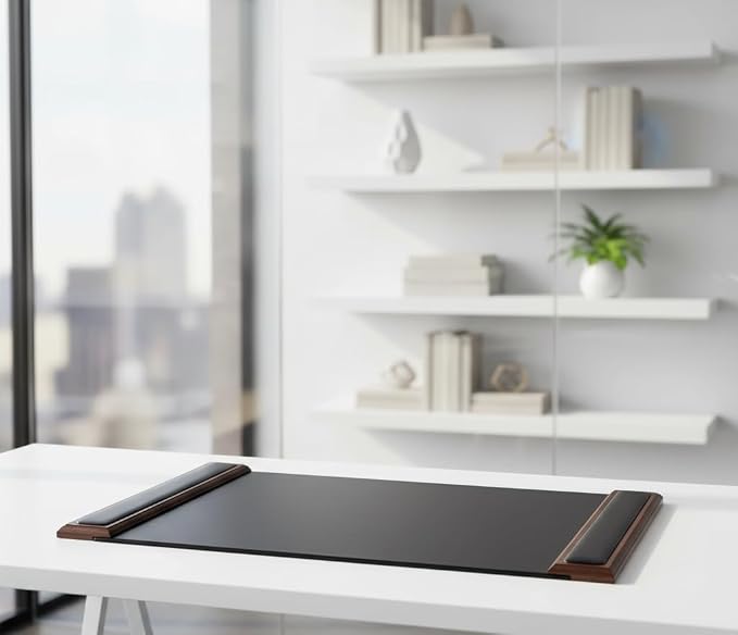 Dacasso 25.5” x 17.25” Walnut & Black Leather Desk Pad w/Side Rails - Luxury Desk Blotter for Writing - Padded Executive Desk Surface Protector