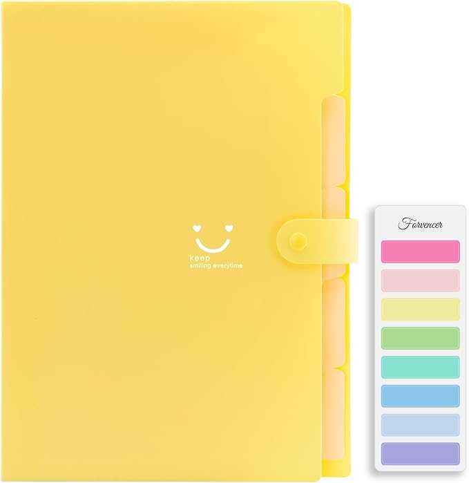 Forvencer Accordion File Organizer, Letter Size, 5 Pocket Expanding File Folder, Cute File Folder with Labels, Portable File Organizer for School Office Supplies, Folders for Documents, Bright Yellow