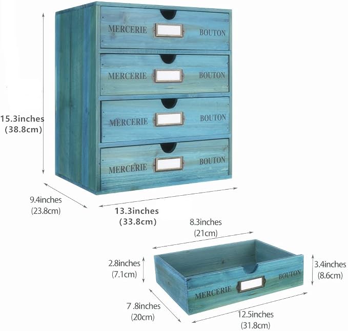 Large Wooden Drawers Wooden Box with Drawer Blue | 4 Drawer Storage Box for Apothecary Cabinet, Apothecary Drawers，Desktop Organizer with Metal Handles for Office，Home