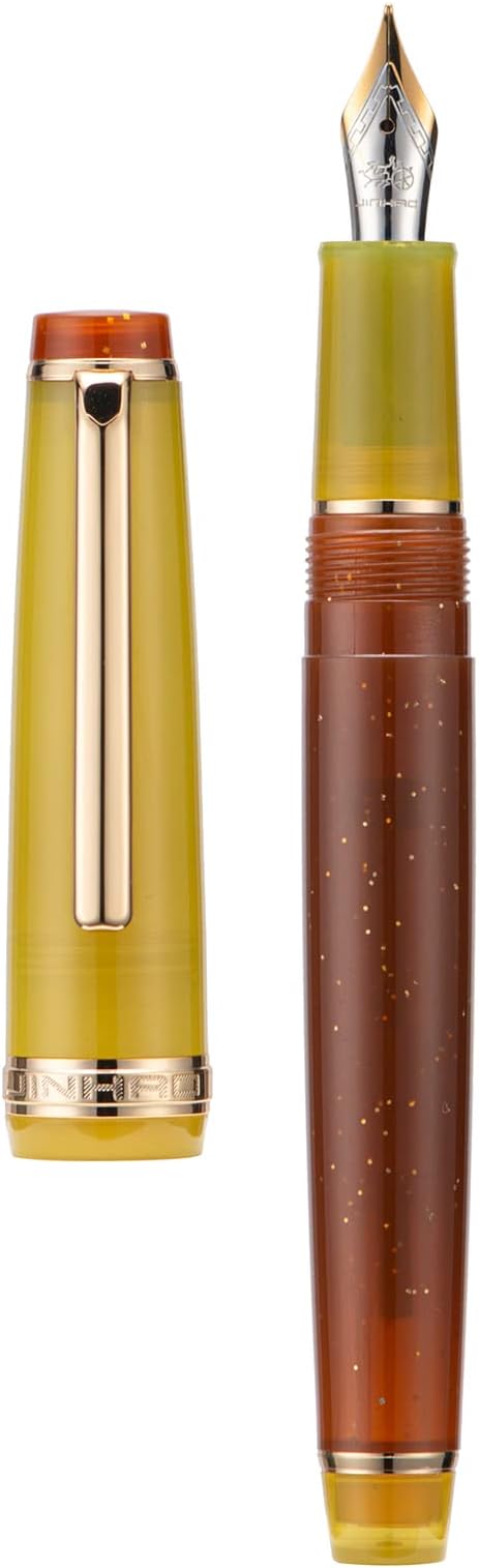 Jinhao 82 Acrylic Fountain Pen, Iridium Medium Nib with Ink Converter, Vintage Coffee Fluorescent Contrast Color Classic Design Smooth Writing Pen (Gold Trim)
