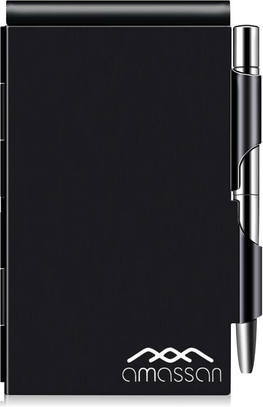 Metal Small Notebook, Mini Notepad, Small Pocket Notepad Aluminum Note Case with Mini Metal Pen and 60-Page Sheets - Memo Books Note Pads, Solid Black