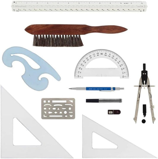 Acurit Drafting Tools Architect Set, 10 Piece Drafting Kit for Architects & Artists: Protractor, Compass, Architect's Scale, 2mm Pencil, Eraser Shield, Triangles, French Curve, Brush