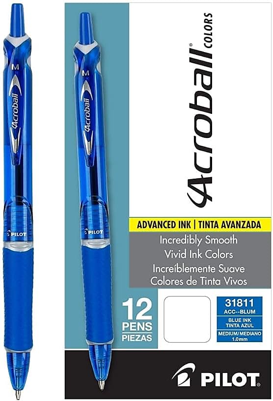 Pilot Acroball Colors Advanced Ink Refillable & Retractable Pens, Ball Point Pens, Medium Point, Blue Ink, 1.0mm, 12-Count