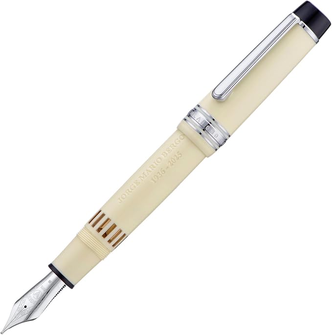 Wikult Yongsheng Junlai 930 Piston Fountain Pen, Ivory White Size 9 Broad Nib, Fence Ink Tank Flat Top Design with Pope Memorial Engraving Limited Edition (Silver Trim)