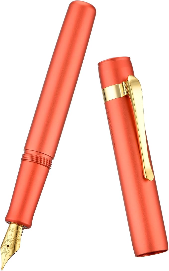 HONG DIAN M2 Mini Fountain Pen with Extra Fine Soft Golden Nib, Sleek Shape Aluminium Short Pocket Travel Pen (Orange Red)