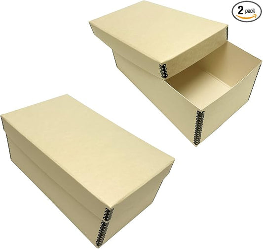 Lineco Archival Photo Card Box, Museum-Quality, 4x6x12 Inch, Tan, 2 Pack | Acid-Free with Removable Lid, Metal-Edge Corner, Bulk Storage and Preservation for Negatives, Prints, Films, Photos, Snapshot