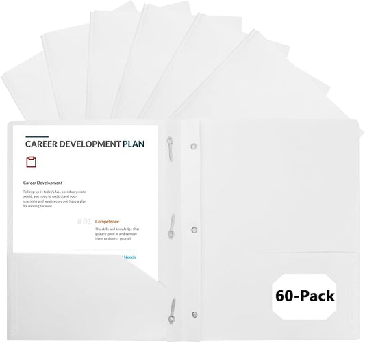 60-Pack Plastic Folders with Pockets and Prongs, 2-Pocket Poly Folders with 3 Fasteners Holds 8-1/2" x 11" Paper for School/Office/Home, White