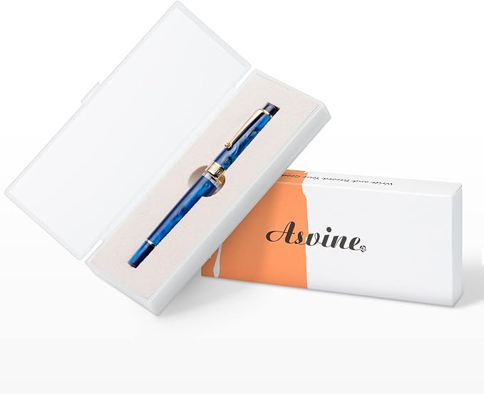 Asvine P20 Galaxy Blue Fountain Pen Piston Filling, Gold Plated Fine Point Smooth Writer with Pen Gift Case