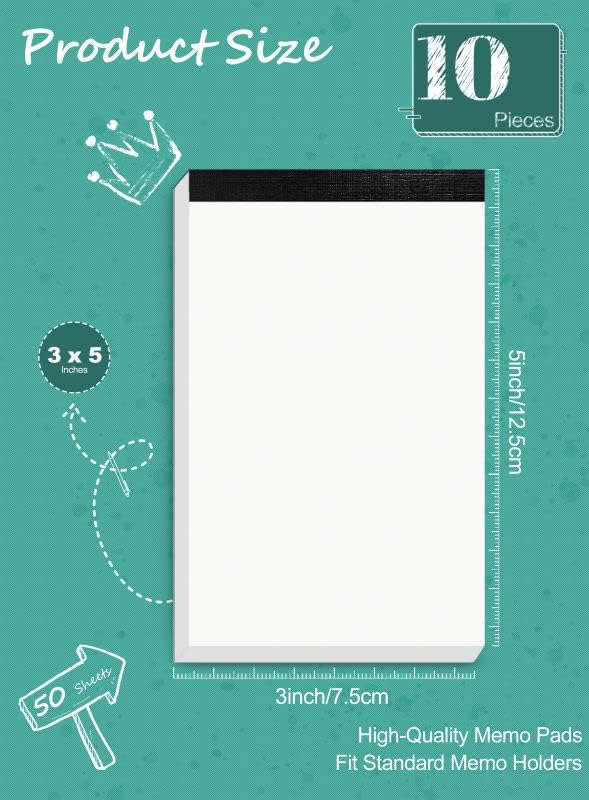 10 Pack Small Notepads Refills Grocery for List White Memo Pads 3x5 In Writing Notepad of Work Server Writing Note Pads with 50 Sheets Scratch Pads Paper in Each Pad Mini Pocket Notebook Refills Blank