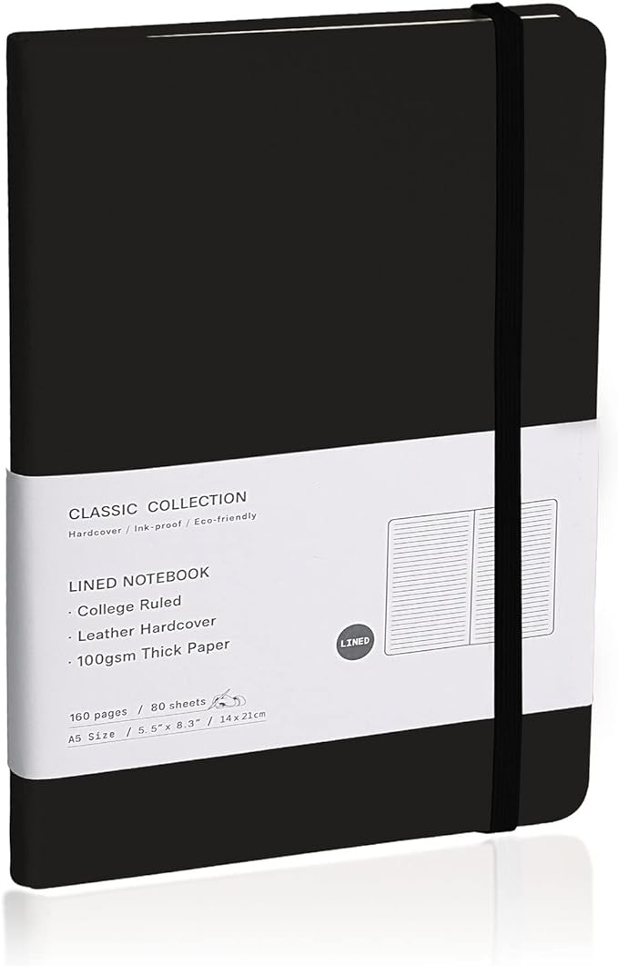 Lined Journal Notebook – Hardcover Notebook for Men & Women – Journals for Writing, Work, School, Home & Daily Notes, 160 Pages – Medium A5, 5.7"x8", 100 gsm Thick Paper (Black)