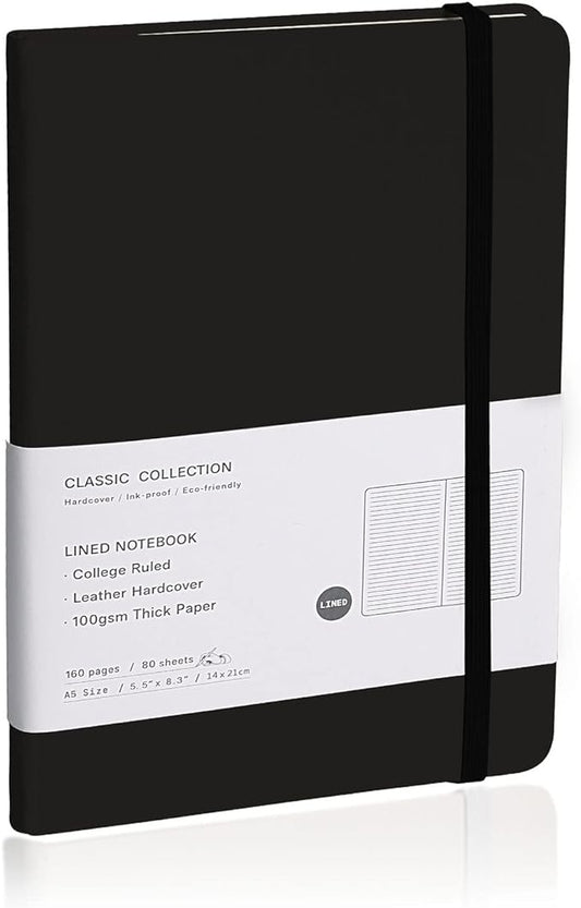 Lined Journal Notebook – Hardcover Notebook for Men & Women – Journals for Writing, Work, School, Home & Daily Notes, 160 Pages – Medium A5, 5.7"x8", 100 gsm Thick Paper (Black)