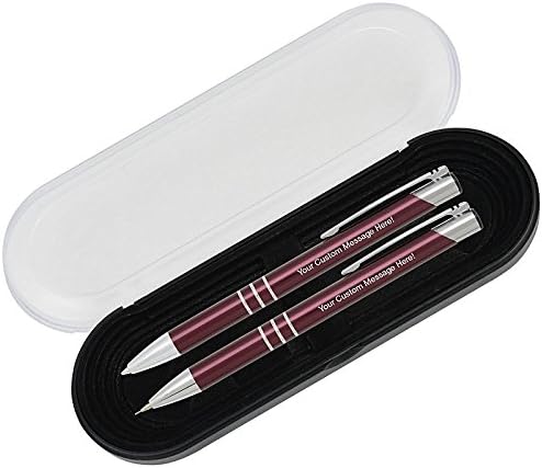 5 Personalized Engraved Classic Metal Ballpoint Pen & Mechanical Pencil Gift Set. Includes Case - Cranberry Red Color with Silver Accents. Black Ink.
