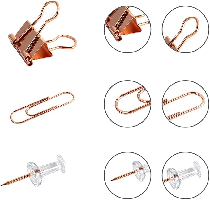 Cute Office Supplies Rose Gold, Paper Clips, Binder Clips and Push Pins Set, Paper Organizer Clips with Storage Box