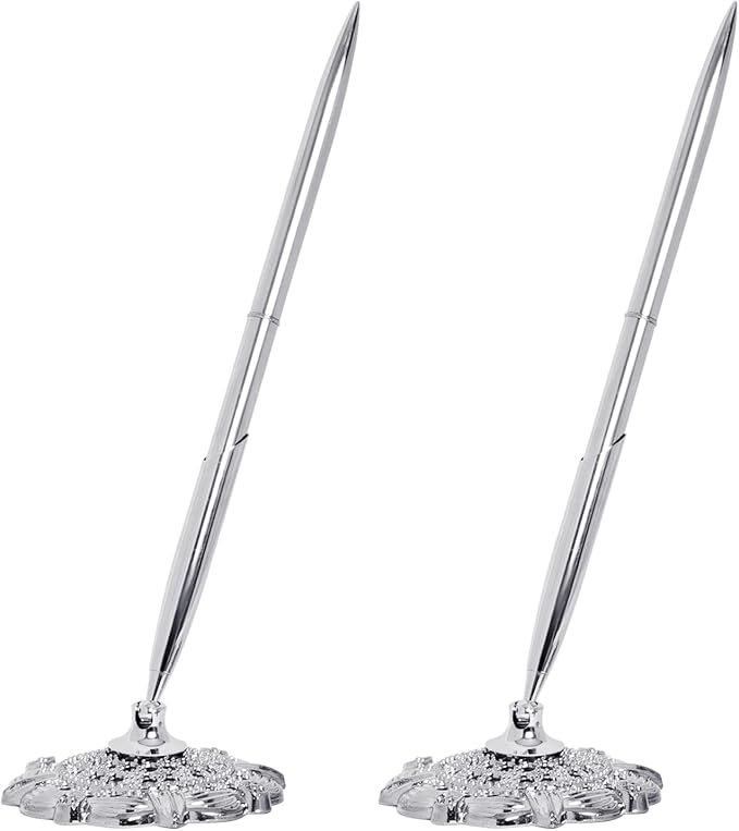 2 Pcs Silver Hollow Round Pen Holder Set Signing Desk Ballpoint Pens for Guest Book Wedding Birthday Party Graduation Teacher Office Business