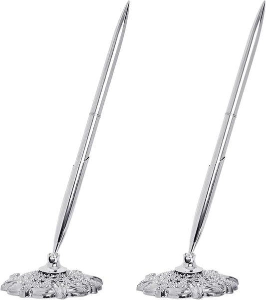 2 Pcs Silver Hollow Round Pen Holder Set Signing Desk Ballpoint Pens for Guest Book Wedding Birthday Party Graduation Teacher Office Business