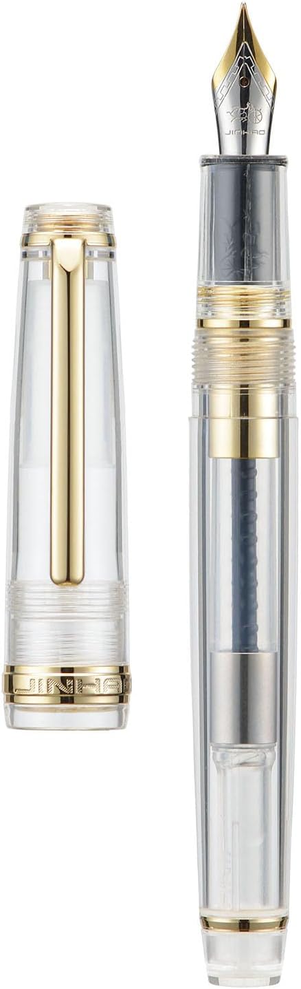 Jinhao 82 Acrylic Fountain Pen, Iridium Extra Fine Nib with Ink Converter, Transparent Unique Design Smooth Writing Pen (Gold Trim)