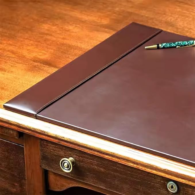 Professional Leather Desk Mat Brown Writing Surface, Raised Edge Stitching Desk Protector, Large Leather Executive Desk Pad (30" x 18")