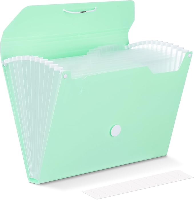 Comix Accordion File Organizer, 13 Pocket, Green | Expanding File Folder, A4/Letter Size Documents, Includes Labels, For Office, Home, School