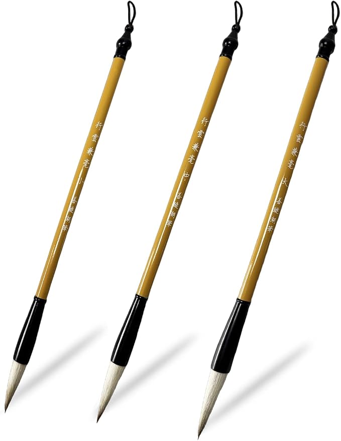3 Sizes Chinese Calligraphy Brush Set, Chinese Writing Brushes, Wooden Ink Watercolor Painting Brushes Traditional Art Sumi Brush Goat and Wolf Hair (Large, Medium, Small)