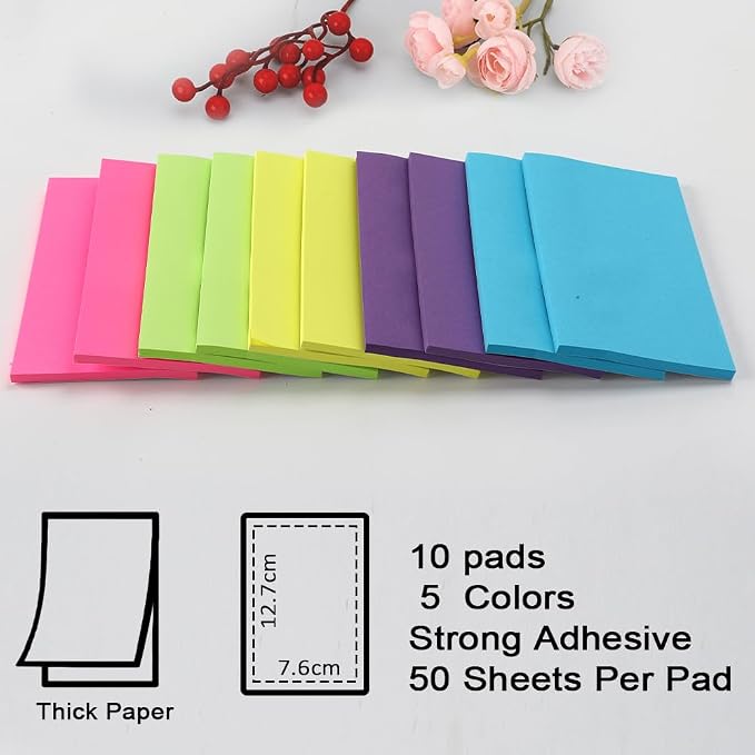 Sticky Notes 10 Pads Large 5 Colors Long Self-Stick Stickies Note Pads 3x5 50 Sheets Teacher Back to School Supplies and Oﬃce Products