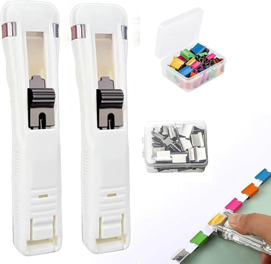 2 Pcs Portable Binder Clip Stapler, Handheld Paper Clam Clip Dispenser | Push Clips for Paper with 100 Refill Clips, Mini Handheld Push Stapler Clamps for Fixing Documents, School, Office