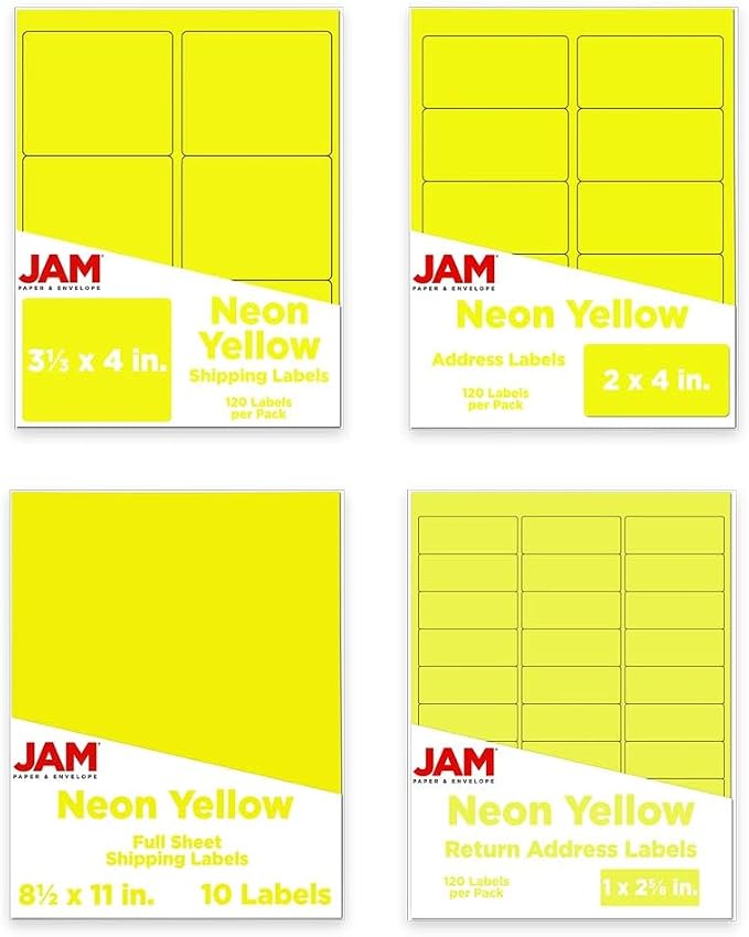 JAM PAPER Shipping & Mailing Address Labels - Multi Size Assortment - Neon Yellow - 370/Pack