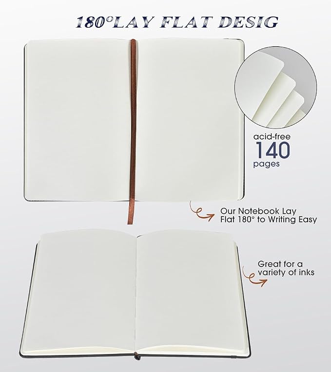 Biuwory A5 Hardcover Blank Journal Notebook, Leather Sketchbook for Drawing | 140 Unlined Pages Vintage Notebook, 5.7"×8.3" Travel Diary for Work, School, Art Journal, Daily Writing for Women & Men