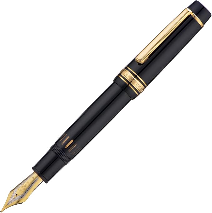 Yongsheng Junlai 930 Acrylic Fountain Pen, Size 9 Medium Nib with Piston Filling System, Piano Black Fence Ink Tank with Flat Top Design Smooth Writing Pen (Gold Trim)