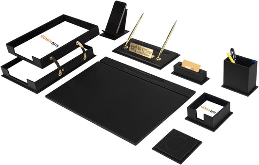 Luna Luxury Leather Desk Set for Men – 10 Piece Executive Office Desk Organizer Set with Document Tray, Desk Pad, Pen Holder, A5 Agenda with Fountain Pen Set – Multiple Color Options (Black)