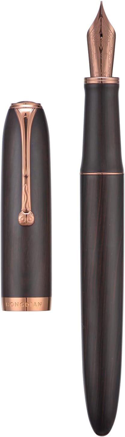 HONG DIAN A10 Fountain Pen, Fine Soft Nib Black Ebony Wood with Magnetic Cap Design and Metal Case Set
