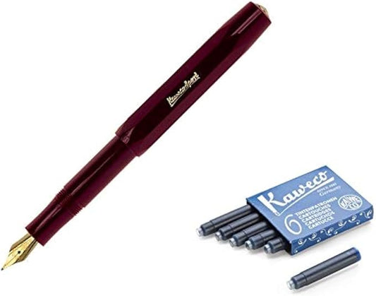 Kaweco Classic Sport Fine Nib Fountain Pen + Pack of 6 Blue Ink Cartridges Set (Burgundy)