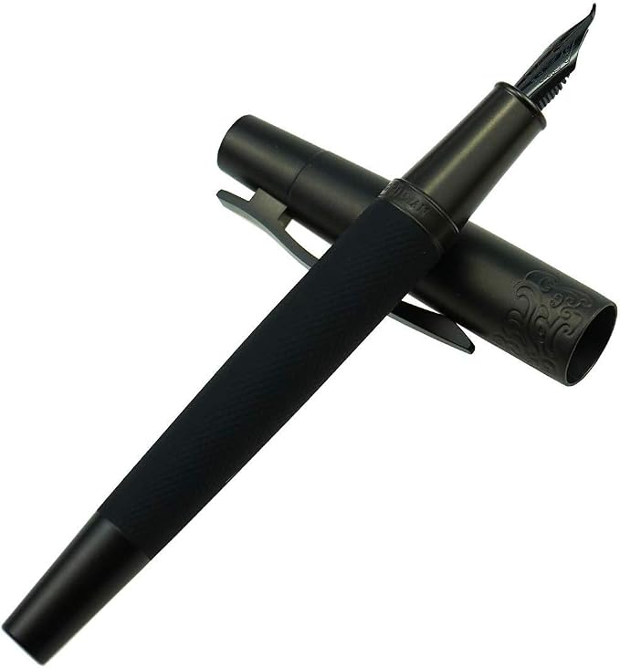 Pure Black Fountain Pen, PVD Coated Black Bent Nib Solid Metal Fude Pen, Metal Box Set by Hongdian