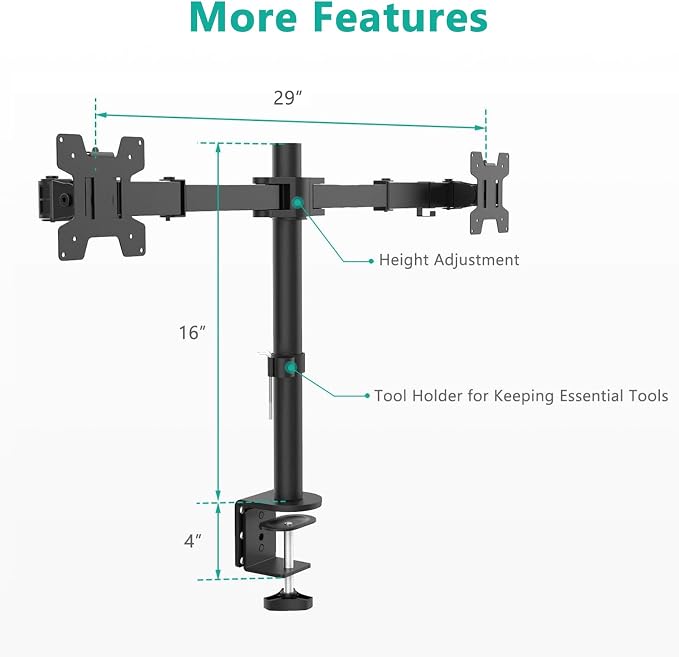 WALI Articulating Dual Monitor Stand for 13-27 inch Screens, 22 lbs per Arm | 2 Monitor Desk Mount, Full Motion with Tilt, Swivel, Rotation, C-Clamp & Grommet Base, VESA 75/100mm (M002), Black