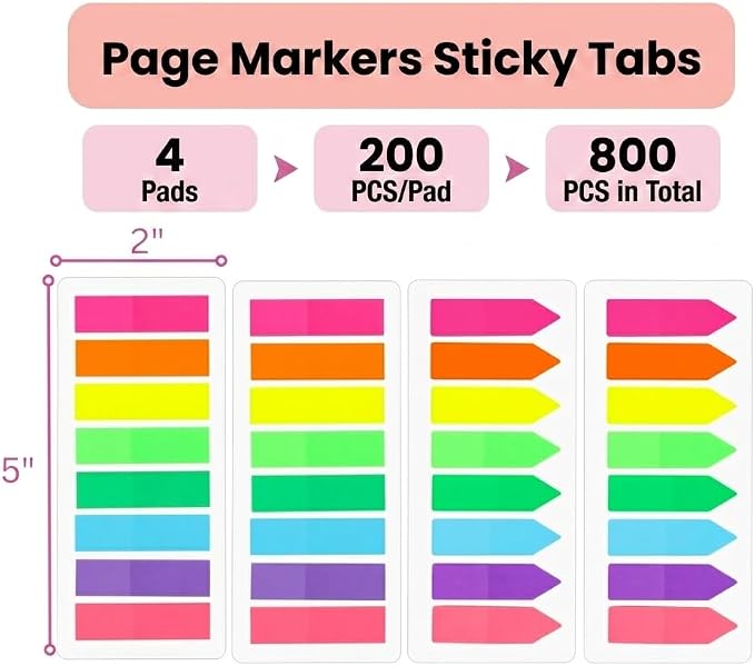Mr. Pen- Page Markers Sticky Tabs, 800 pcs | Colored Translucent Arrow Flags for Page Marking, Fluorescent Index Tab Stickers for Notebooks, Small Sticky Notes Flags