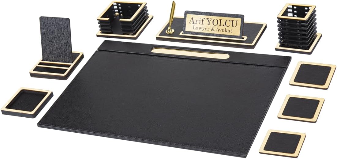 Vesta Bonded Leather Executive Desk Set – 9-Piece Luxury Desk Organizer with Desk Pad, Name Plate, Pen Set & Office Accessories (Wood & Leather Design)