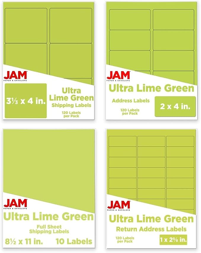 JAM PAPER Shipping & Mailing Address Labels - Multi Size Assortment - Lime Green - 370/Pack