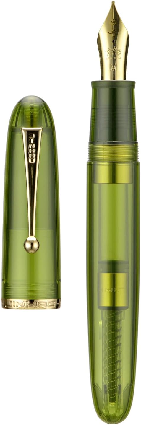 Jinhao 9019 DaDao Series Fountain Pen, Size 8 Medium Cardiogram Nib with Large Ink Converter, Transparent Olive Green Acrylic Design Smooth Writing Pen (Gold Trim)