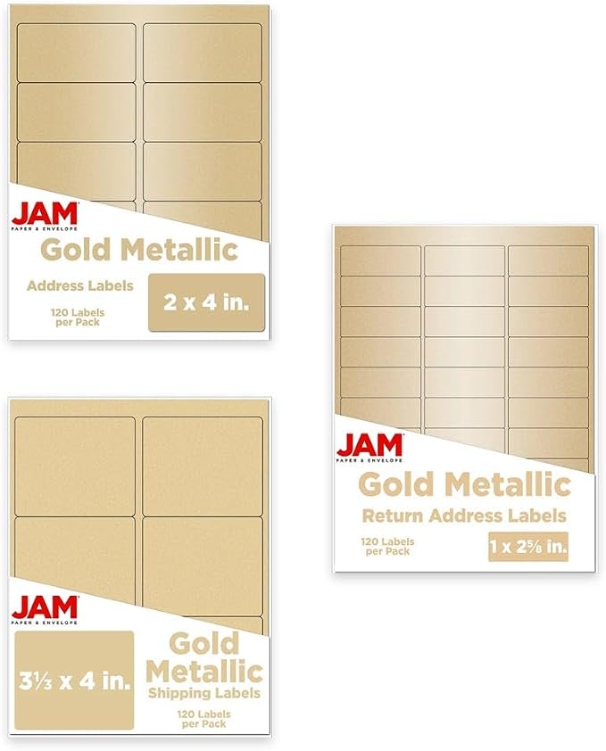 JAM PAPER Shipping & Mailing Address Labels - Multi Size Assortment - Metallic Gold - 360/Pack