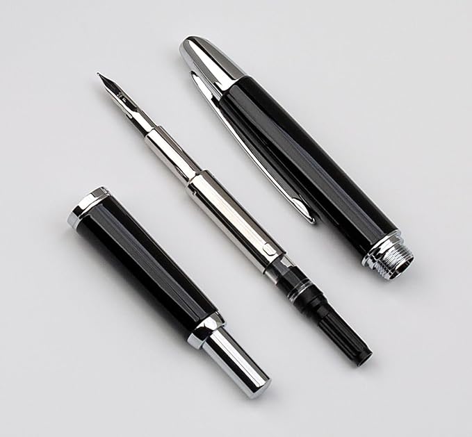 JINHAO 10 Press Fountain Pen, Retractable Metal Pen with Ink Converter (EF Nib 0.38mm, Bright Black)