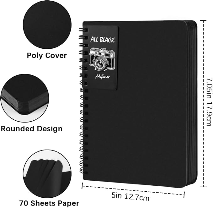 5x7 Black Paper Sketchbook,Spiral Bound Journal Notebook,70 Sheets 110gsm