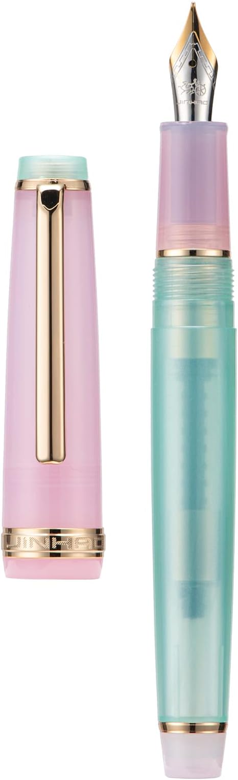 Jinhao 82 Acrylic Fountain Pen, Iridium Extra Fine Nib with Ink Converter, Morandi Lake Blue Contrast Color Classic Design Smooth Writing Pen (Gold Trim)