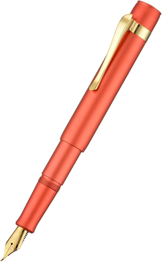 HONG DIAN M2 Mini Fountain Pen with Bent Nib, Sleek Shape Aluminium Short Pocket Travel Pen (Orange Red)