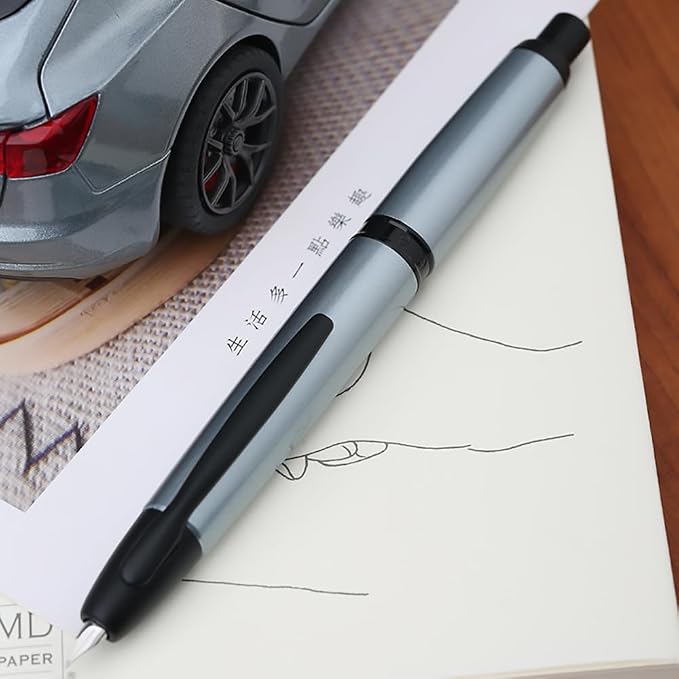 erofa Majohn A1 Press Fountain Pen Fine Nib with Box, Retractable Light Blue Metal Ink Pen with Converter Writing Set (Black Clip Version)