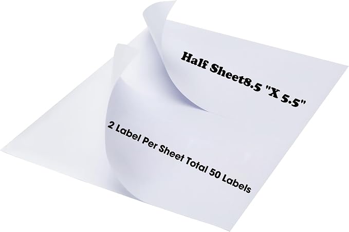 50 Half Sheet Shipping Labels 2 Per Sheet -25 Sheets Sticker Paper for Laser & Inkjet Printers Waterproof Shipping Labels - Strong Aadhesive for Packaging & Crafting
