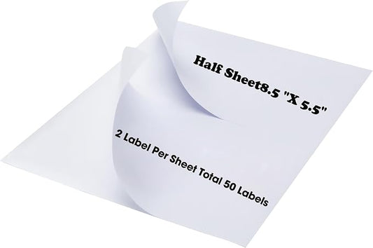 50 Half Sheet Shipping Labels 2 Per Sheet -25 Sheets Sticker Paper for Laser & Inkjet Printers Waterproof Shipping Labels - Strong Aadhesive for Packaging & Crafting