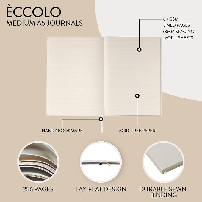 WORLD TRAVELER Eccolo A5 Hardbound Journal Notebook 256 Ivory Lined Pages | Sturdy Flexible Hardcover, 80GSM Acid-Free Ivory Pages, Smyth-Sewn Lay-Flat Binding, Ribbon Bookmark